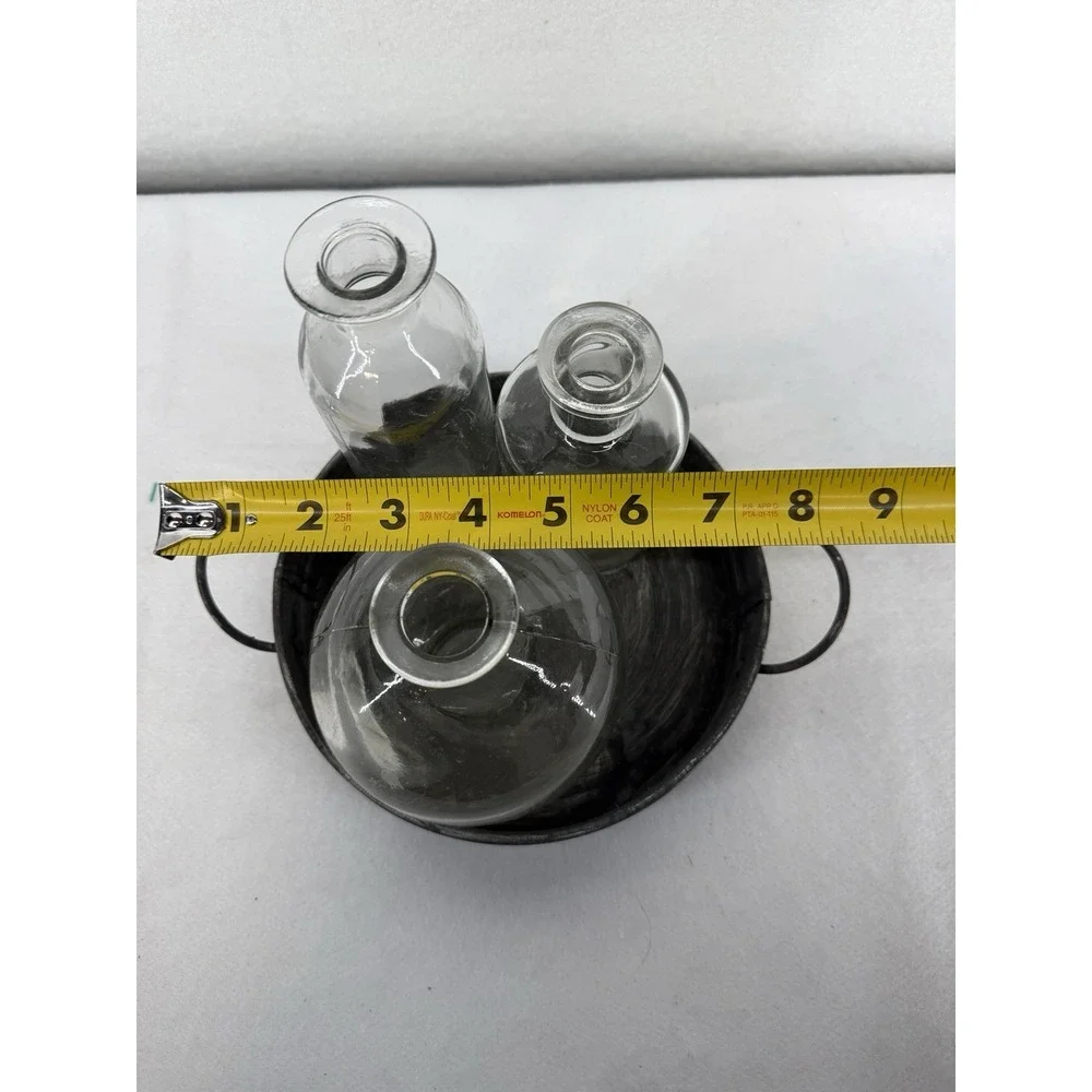 Set Of 3 Clear Glass Bud Vases In‎ Distressed Galvanized Tray